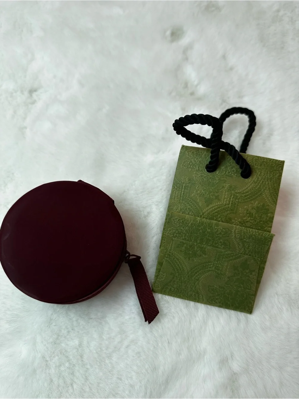 Gucci Burgundy Round Cosmetic Case with Green Gucci Gift Bag
